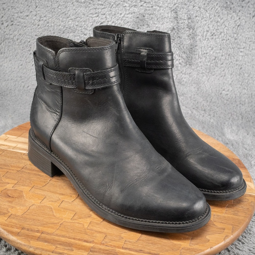 CLARKS Women's Maye Ease Comfort Ankle Heel Booties Black Leather 11 M